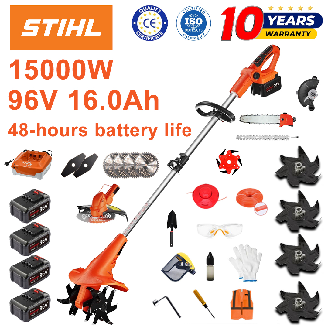 (Durata de viață a bateriei 48 de ore) Plug de 15000W + baterie litiu de 96V 16.0Ah * 4 + cap de cosit * 1 + ferăstrău * 1 + cap de tuns gard viu * 1 + încărcător rapid * 1 + lopată * 1 + lamă dreaptă * 2 + lamă de plug * 4 + lamă din aliaj * 1 + lamă de cosit * 1 + fir de cosit * 1 + diverse accesorii