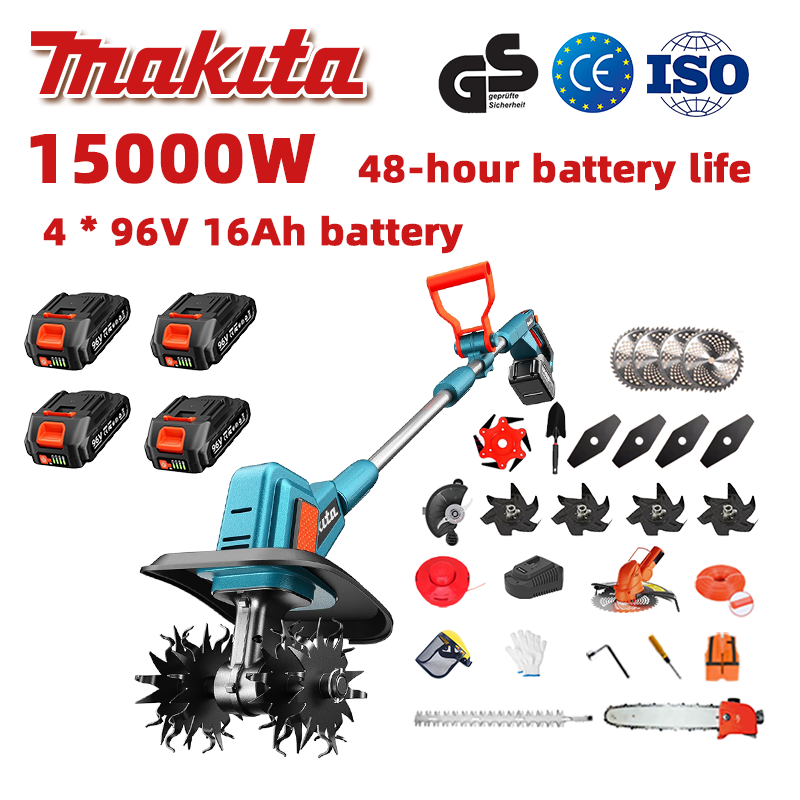 (Durata de viață a bateriei 48 de ore) Plug de 15000W + baterie litiu de 96V 16Ah * 4 + lamă * 4 + ferăstrău * 1 + cap de tuns gard viu * 1 + încărcător rapid * 1 + lopată * 1 + lamă dreaptă * 4 + lamă plug * 4 + lamă ferăstrău din aliaj * 1 + lamă de cosit * 1 + frânghie de tăiere * 1 + diverse accesorii